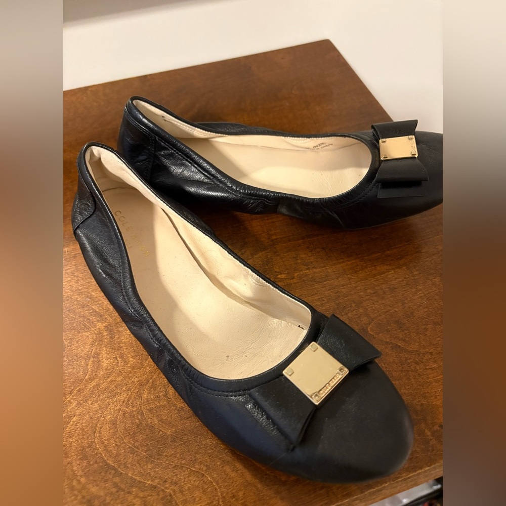 Cole Haan Black Leather Flats with Bow Accent